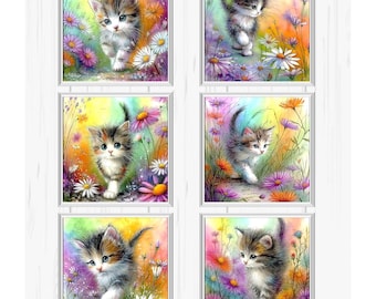 Rainbow Cats, Toppers for Card Making, Scrapbooking or Journalling - 3.5" (8.89cm) Square