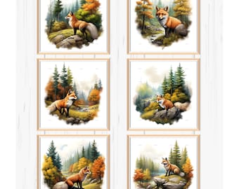 Fox in the Countryside, Toppers for Card Making, Scrapbooking or Journalling - 3.5" (8.89cm) Square