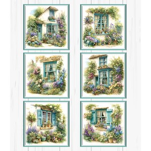 May include: Six framed watercolor prints of quaint cottages with blue window frames and doors, surrounded by vibrant flowers and lush greenery. The artwork features a white background and a teal border, creating a charming, idyllic scene.