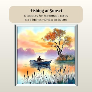 Peut inclure: Peinture à l'aquarelle d'une scène de pêche au coucher du soleil. Une personne dans un bateau pêche sur un lac, avec un arbre et des roseaux au premier plan. L'image mesure 10,16 x 10,16 cm.