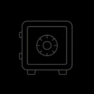 Puede incluir: Un contorno gris de una caja fuerte sobre un fondo negro. La caja fuerte tiene un dial de combinación en el centro y dos manijas en la puerta. La caja fuerte rectangular tiene esquinas redondeadas y se apoya en dos pequeños pies.