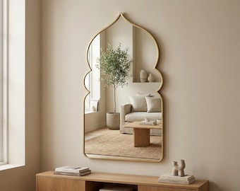 Moroccan Arched Wall Mirror, Moorish Arabesque Boho Entryway Vanity Decor