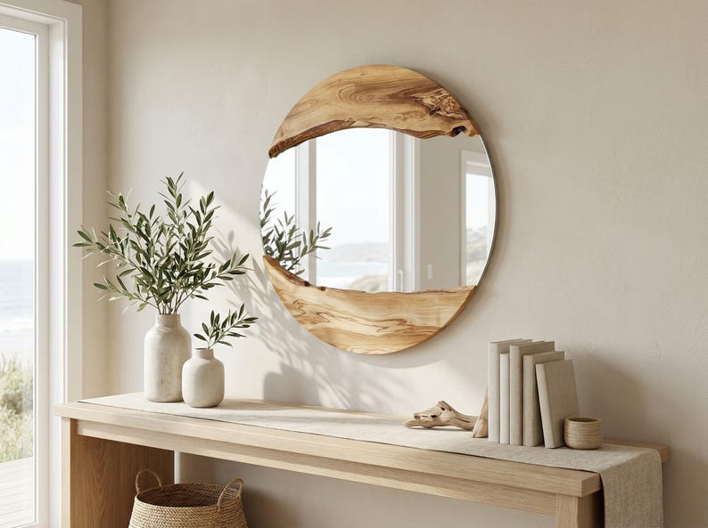 Pu&ograve; includere: Uno specchio rotondo con una cornice in legno naturale &egrave; appeso sopra una consolle in legno. La cornice dello specchio ha una forma organica unica. Il tavolo &egrave; decorato con vasi di verde, libri e un piccolo cestino intrecciato.