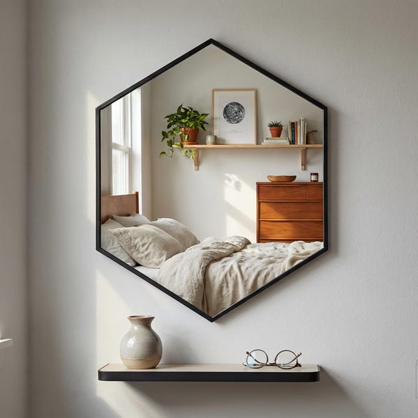 Espejo hexagonal moderno, espejo de pared decorativo para dormitorio, entrada y sala de estar, decoración geométrica minimalista para el hogar.