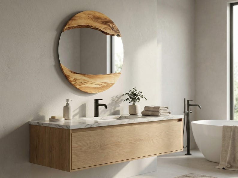 Pu&ograve; includere: Scena di bagno moderno con mobile in legno, piano in marmo e rubinetteria nera. Uno specchio rotondo in legno &egrave; appeso sopra. La stanza comprende una vasca da bagno bianca e una piccola pianta in vaso. Il mobile misura circa 152 cm di larghezza.
