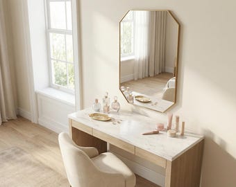 Espejo de tocador geométrico, decoración de pared rectangular dorada para baño