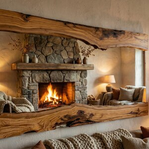 May include: Large rectangular mirror with a live edge wooden frame. The mirror reflects a cosy living room scene with a stone fireplace, lit fire, and comfortable seating. The frame is made of light brown wood.