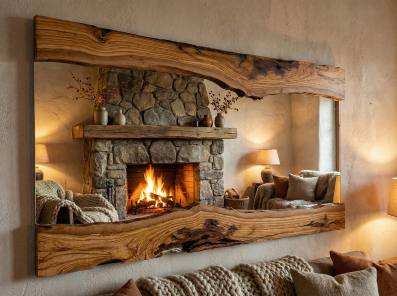 May include: Large rectangular mirror with a live edge wooden frame. The mirror reflects a cosy living room scene with a stone fireplace, lit fire, and comfortable seating. The frame is made of light brown wood.