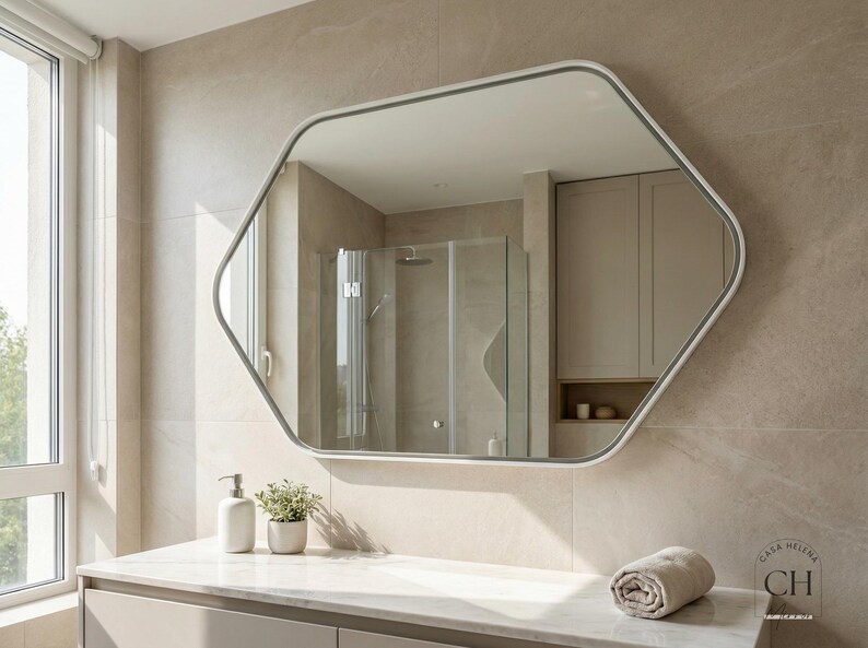 May include: A modern bathroom with a large, geometric mirror with a white frame. The mirror reflects a shower and neutral-toned walls. A countertop holds a soap dispenser, a small plant, and a rolled towel. The bathroom has a minimalist design.