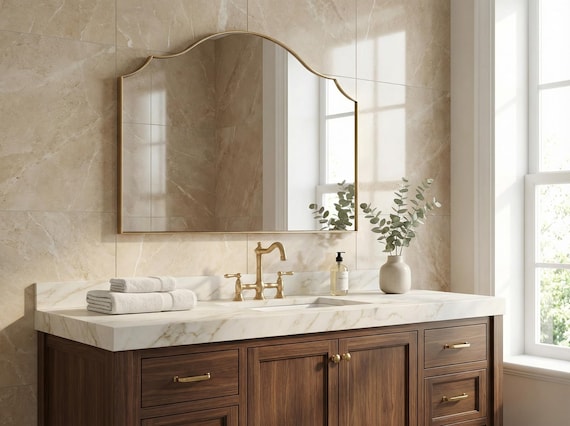 Horizontal Arched Bathroom Mirror, Wide Gold Vanity Decor