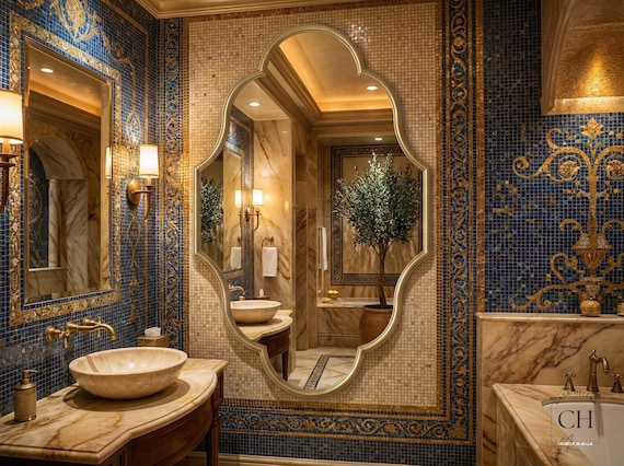 Gold Brass Mirror, Moroccan Wall Decor, Ornate Scalloped Mirror, Luxury Bathroom Mirror, Entryway Statement