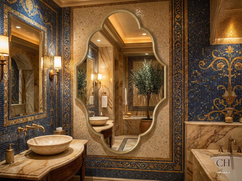 Gold Brass Scalloped Mirror, Ornate Moroccan Wall Decor, Luxury Statement Piece image 1