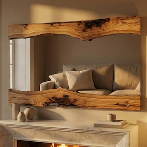 May include: A rectangular mirror with a wooden frame. The frame has a live edge design, displaying the wood's natural grain and texture. The mirror reflects a room with a sofa and cushions, creating a warm atmosphere. The mirror is likely 150cm wide.