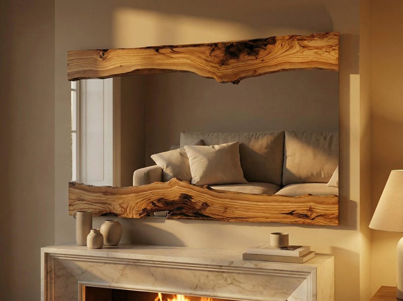 May include: A rectangular mirror with a wooden frame. The frame has a live edge design, displaying the wood's natural grain and texture. The mirror reflects a room with a sofa and cushions, creating a warm atmosphere. The mirror is likely 150cm wide.