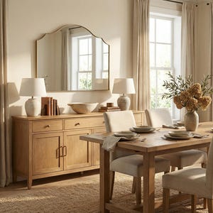 Peut inclure: Une salle &agrave; manger avec une table en bois et des chaises, pr&ecirc;te pour un repas. Un buffet en bois avec des lampes et des objets de d&eacute;coration est contre le mur, avec un grand miroir au-dessus. Tons neutres et lumi&egrave;re naturelle.