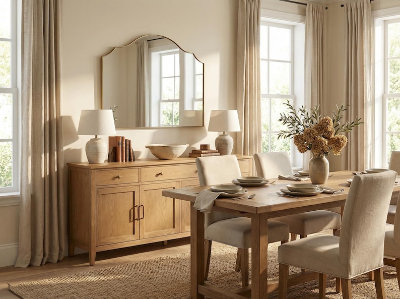 Peut inclure: Une salle &agrave; manger avec une table en bois et des chaises, pr&ecirc;te pour un repas. Un buffet en bois avec des lampes et des objets de d&eacute;coration est contre le mur, avec un grand miroir au-dessus. Tons neutres et lumi&egrave;re naturelle.