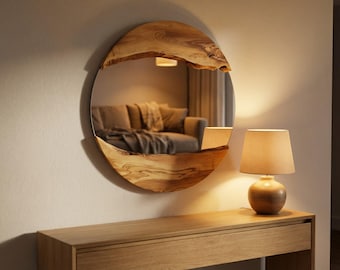 Specchio in legno con bordo vivo, specchio rotondo per il bagno, specchio da parete organico fatto a mano, arredamento rustico moderno, accenti in legno naturale
