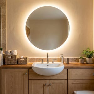 May include: A modern bathroom vanity with a round, illuminated mirror. The vanity features a white, curved sink, wooden cabinets, and a wooden countertop. Decorative items include small potted plants and woven baskets.
