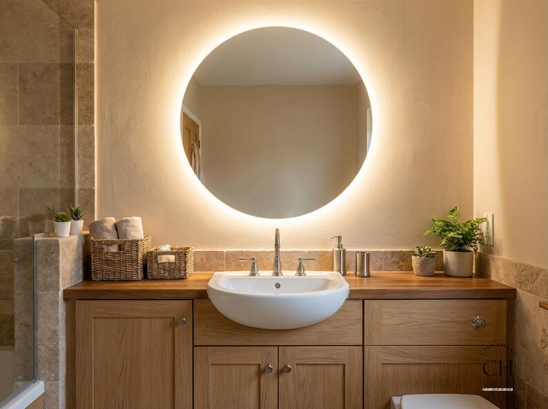 May include: A modern bathroom vanity with a round, illuminated mirror. The vanity features a white, curved sink, wooden cabinets, and a wooden countertop. Decorative items include small potted plants and woven baskets.