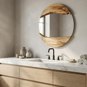 Pu&ograve; includere: Un moderno mobile da bagno con specchio rotondo. Lo specchio ha una cornice in legno naturale. Il mobile ha un piano in marmo, un rubinetto nero e mobili in legno chiaro. Asciugamani arrotolati e sapone sono sul bancone.