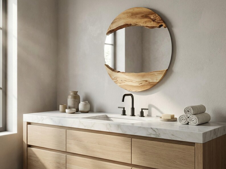 Pu&ograve; includere: Un moderno mobile da bagno con specchio rotondo. Lo specchio ha una cornice in legno naturale. Il mobile ha un piano in marmo, un rubinetto nero e mobili in legno chiaro. Asciugamani arrotolati e sapone sono sul bancone.
