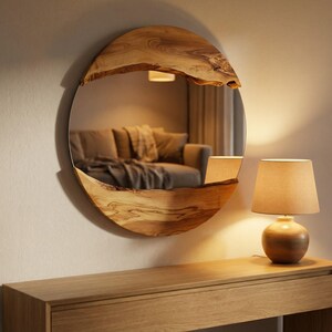 Pu&ograve; includere: Uno specchio rotondo in legno con bordo naturale &egrave; montato su una parete. Lo specchio riflette una stanza con un divano e tende. Una lampada in legno con paralume beige &egrave; su un tavolo di legno.