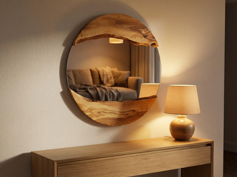 Pu&ograve; includere: Uno specchio rotondo in legno con bordo naturale &egrave; montato su una parete. Lo specchio riflette una stanza con un divano e tende. Una lampada in legno con paralume beige &egrave; su un tavolo di legno.