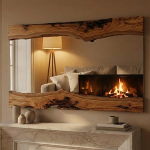 Puede incluir: Un espejo rectangular grande con un marco de madera natural. El espejo refleja un salón con chimenea y sofá. El marco de madera tiene una forma orgánica única, añadiendo un toque rústico al diseño moderno.