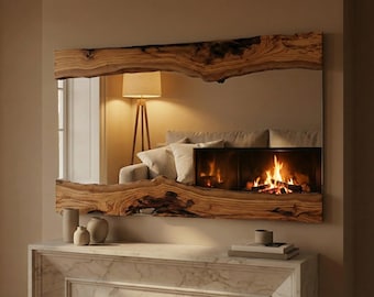 Specchio in legno con bordo vivo, specchio da parete rustico moderno, specchio da camino, specchio da toeletta grande, specchio da parete con bordo naturale fatto a mano