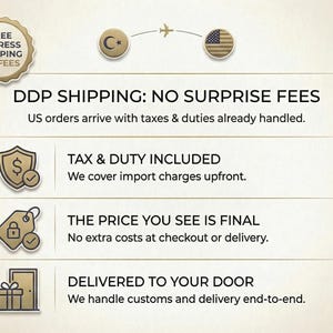 May include: Image with text about shipping, including "FREE EXPRESS SHIPPING NO FEES" and "DDP SHIPPING: NO SURPRISE FEES". Other text includes "TAX & DUTY INCLUDED", "THE PRICE YOU SEE IS FINAL", and "DELIVERED TO YOUR DOOR".