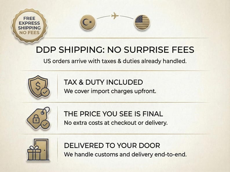 May include: Graphic with text about shipping, including "DDP SHIPPING: NO SURPRISE FEES" and "TAX & DUTY INCLUDED". Other text includes "THE PRICE YOU SEE IS FINAL" and "DELIVERED TO YOUR DOOR".