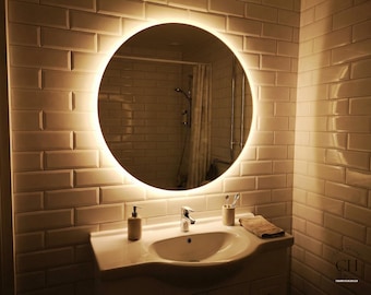 Round LED Bathroom Mirror, Modern Halo Lighted Vanity Wall Mirror