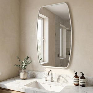 May include: A modern bathroom scene featuring a white-framed, oval mirror above a marble countertop. The countertop holds a sink, faucet, and two brown glass bottles. A small vase with greenery adds a touch of nature.