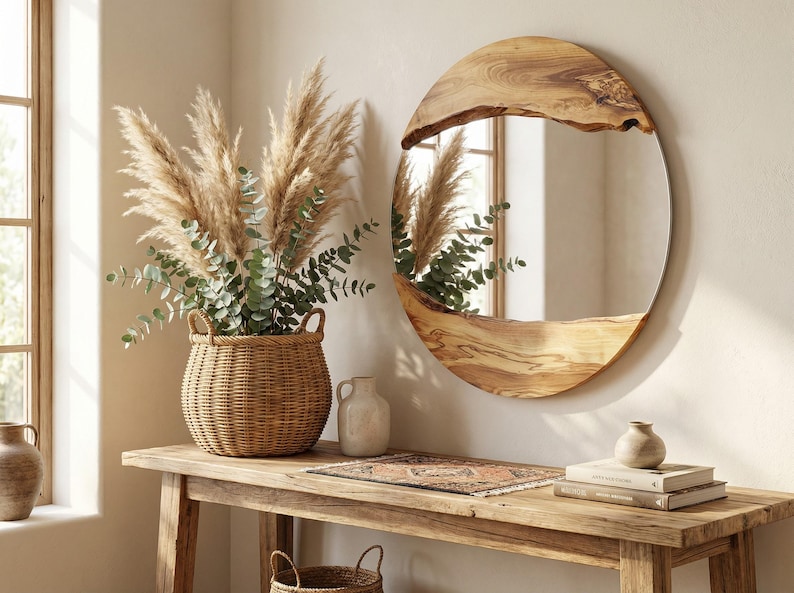 Pu&ograve; includere: Interno rustico con uno specchio rotondo in legno con bordo naturale. Un cesto di vimini contiene erba della pampa ed eucalipto. Una consolle in legno espone vasi e libri. La stanza &egrave; illuminata dalla luce naturale.