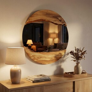 Pu&ograve; includere: Uno specchio rotondo con cornice in legno naturale &egrave; montato su una parete bianca. Lo specchio riflette una stanza con lampade e mobili. Una lampada, libri e un vaso con fiori secchi sono su un mobile di legno.