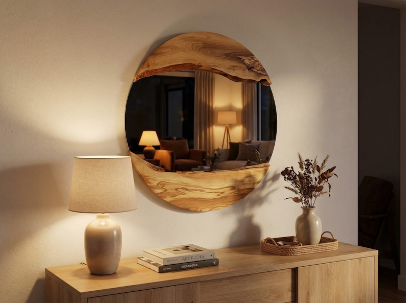 Pu&ograve; includere: Uno specchio rotondo con cornice in legno naturale &egrave; montato su una parete bianca. Lo specchio riflette una stanza con lampade e mobili. Una lampada, libri e un vaso con fiori secchi sono su un mobile di legno.