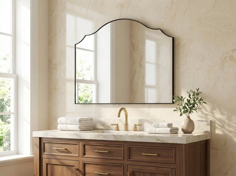 Miroir de salle de bain horizontal arqué, large coiffeuse dorée image 3