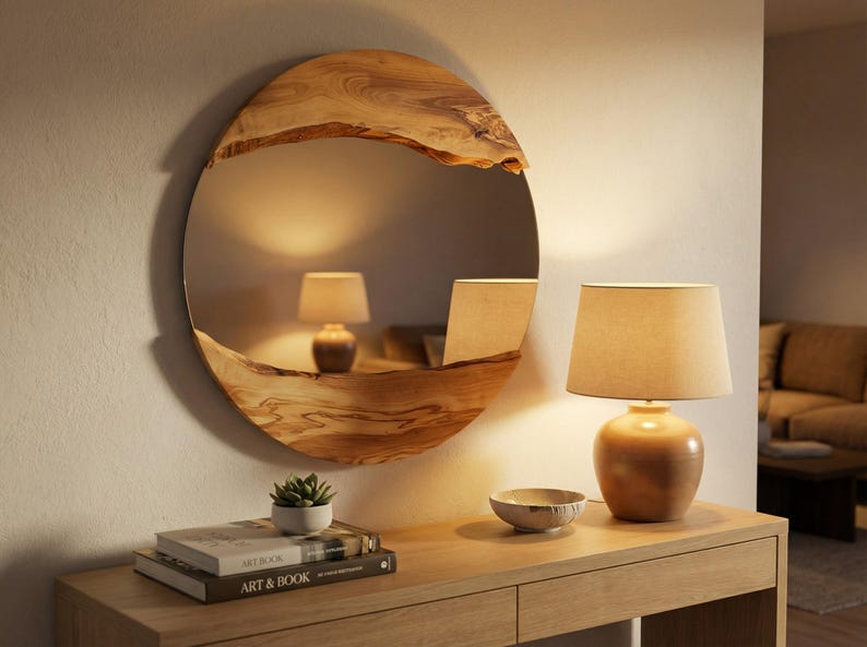 Pu&ograve; includere: Uno specchio rotondo in legno con bordo naturale &egrave; appeso al muro. Una piccola lampada e una ciotola decorativa sono su una consolle di legno. Libri e una piccola pianta in vaso sono anche sul tavolo. Lo specchio riflette una lampada.