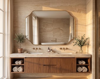 Espejo de pared grande horizontal con bordes festoneados / Espejo de tocador ancho con bordes ondulados / Decoración decorativa sobre consola