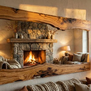 May include: A large rectangular mirror with a thick, natural wood frame. The mirror reflects a cosy living room scene with a stone fireplace, lit fire, and comfortable seating. The wood frame has a live edge design.