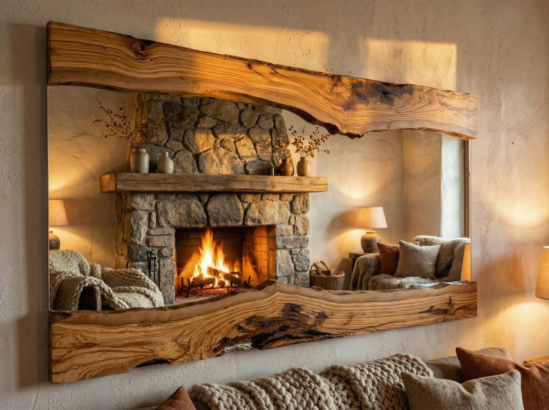 May include: A large rectangular mirror with a thick, natural wood frame. The mirror reflects a cosy living room scene with a stone fireplace, lit fire, and comfortable seating. The wood frame has a live edge design.