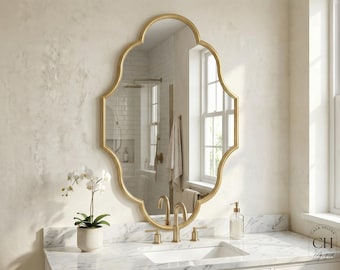 Moroccan Wall Mirror, Gold Brass Frame, Scalloped Ornate Mirror, Boho Bathroom Vanity, Entryway Decor