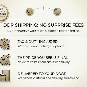 Peut inclure: Visuel avec du texte concernant l'exp&eacute;dition, notamment "DDP SHIPPING: NO SURPRISE FEES" et "TAX & DUTY INCLUDED." D'autres textes incluent "THE PRICE YOU SEE IS FINAL" et "DELIVERED TO YOUR DOOR."