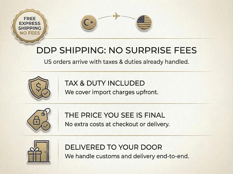Peut inclure: Visuel avec du texte concernant l'exp&eacute;dition, notamment "DDP SHIPPING: NO SURPRISE FEES" et "TAX & DUTY INCLUDED." D'autres textes incluent "THE PRICE YOU SEE IS FINAL" et "DELIVERED TO YOUR DOOR."