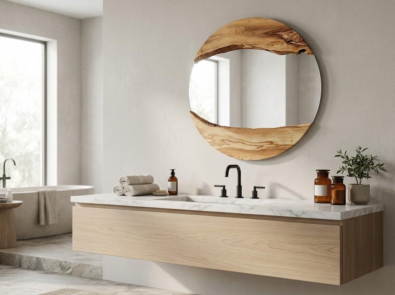 Pu&ograve; includere: Un bagno moderno con un mobile lavabo in legno chiaro e un piano in marmo. Uno specchio rotondo con una cornice in legno naturale &egrave; appeso sopra il lavandino. La stanza comprende una vasca da bagno, asciugamani e oggetti decorativi.