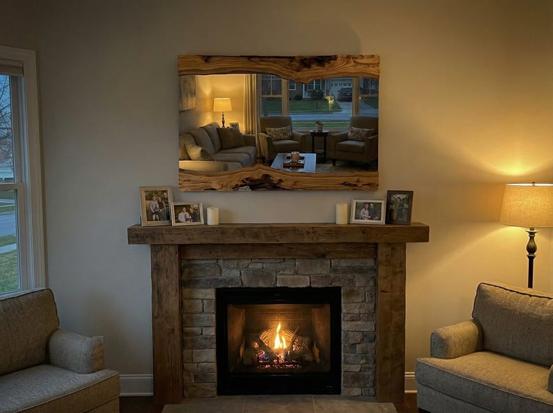 May include: A large rectangular mirror with a live edge wooden frame hangs above a stone fireplace. The mirror reflects a living room scene. The fireplace has a lit fire, and the room is lit by lamps.