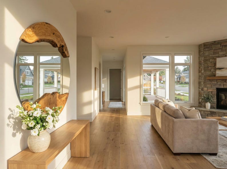 Pu&ograve; includere: Un interno moderno con un grande specchio ovale con finiture in legno naturale. Un tavolo consolle in legno ospita un vaso di fiori bianchi. La stanza ha pavimenti in legno e una palette di colori neutri, con vista sull'esterno attraverso ampie finestre.