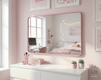 Miroir mural rectangulaire rose arrondi, décoration de coiffeuse moderne, accessoire pour chambre d'ado