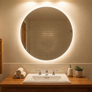 May include: A modern bathroom scene featuring a large, round mirror with integrated lighting. Below the mirror is a white sink with chrome fixtures, a soap dispenser, and a small potted succulent. The vanity is made of wood, and the walls are a neutral color.