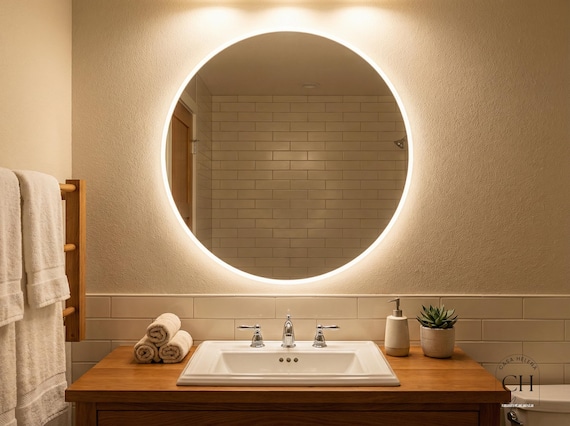 Round Backlit LED Mirror, Lighted Bathroom Vanity Mirror, Modern Wall Decor, Minimal Round Mirror, Entryway Mirror, Housewarming Gifts